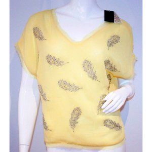 GREYLIN Yellow BLOUSE FAITH Embellished TOP Shirt Feathered BEADED ( M )